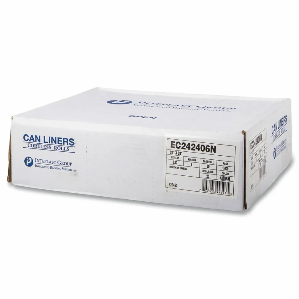Inteplast Group High-Density Commercial Can Liners, 10 gal, 6 mic, 24" x 24", Natural, Perforated Roll, 50 Bags/Roll, 20 Rolls/Carton