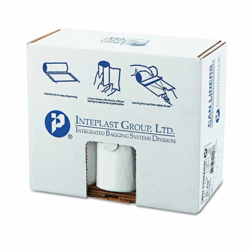 Inteplast Group Low-Density Commercial Can Liners, 33 gal, 0.8 mil, 33" x 39", White, Interleaved Roll, 25 Bags/Roll, 6 Rolls/Carton