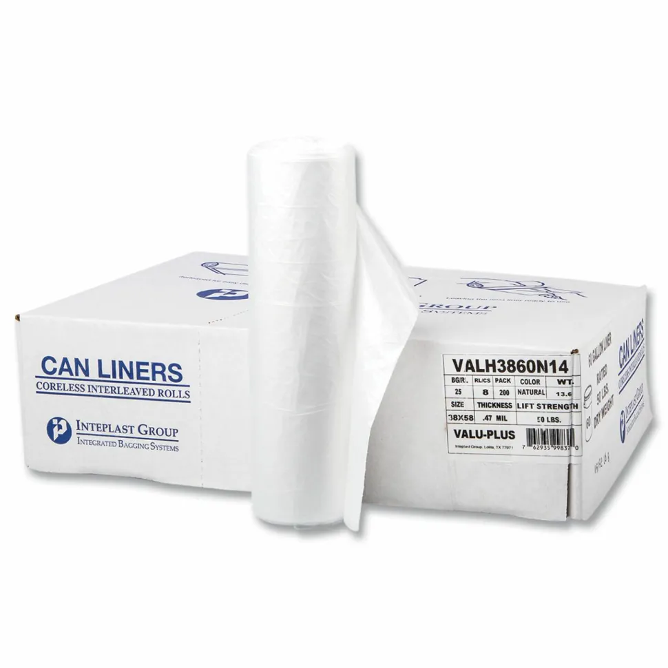 Interplast Group High Density Commercial Can Liner Value Pack, .47 mil, 60 gal, 12 mic, 38" x 58", Clear, Interleaved Roll, 25 Bags/Roll, 8 Rolls/CT