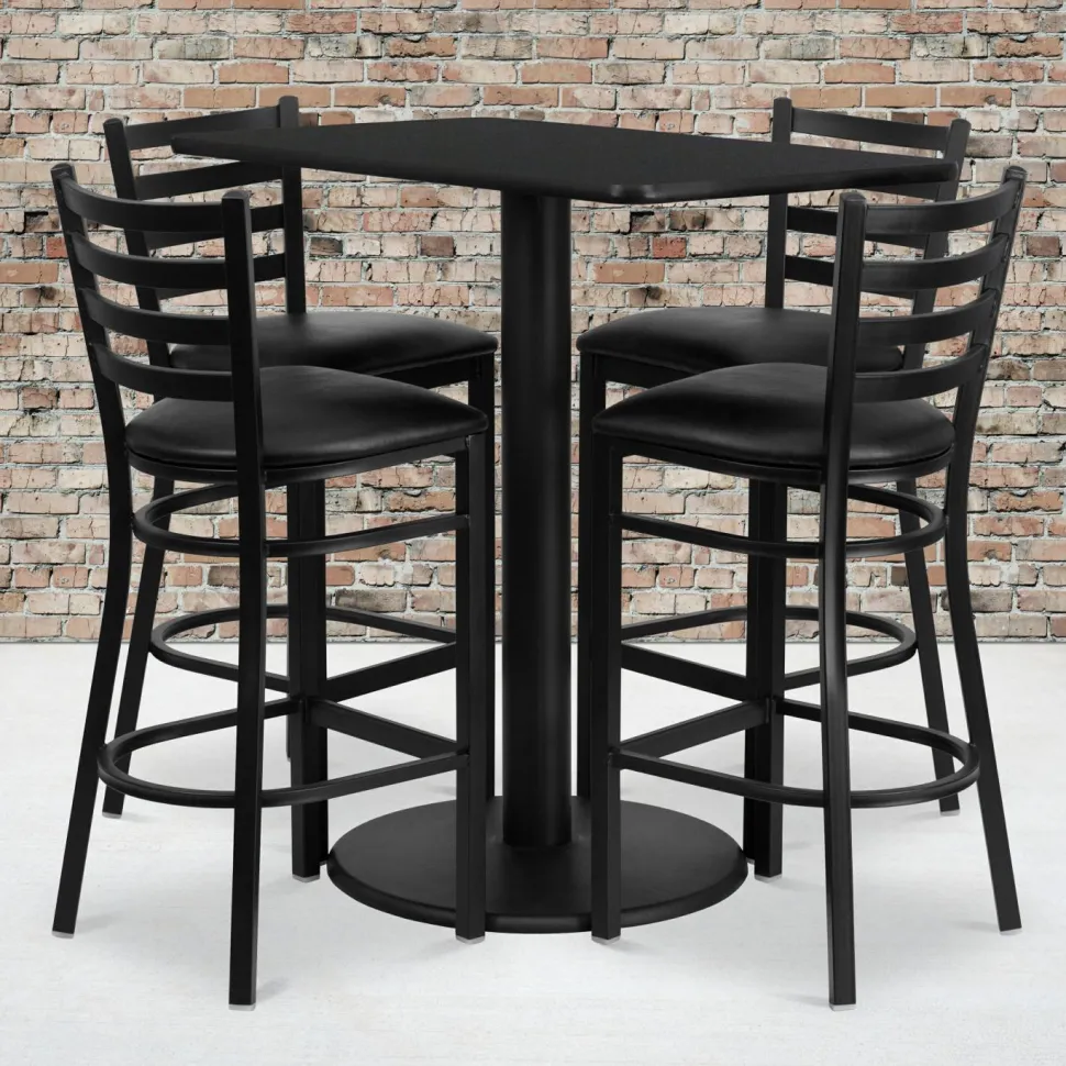 Jamie 24'' x 42'' Rectangular Black Laminate Table Set with 4 Ladder Back Metal Barstools - Black Vinyl Seat