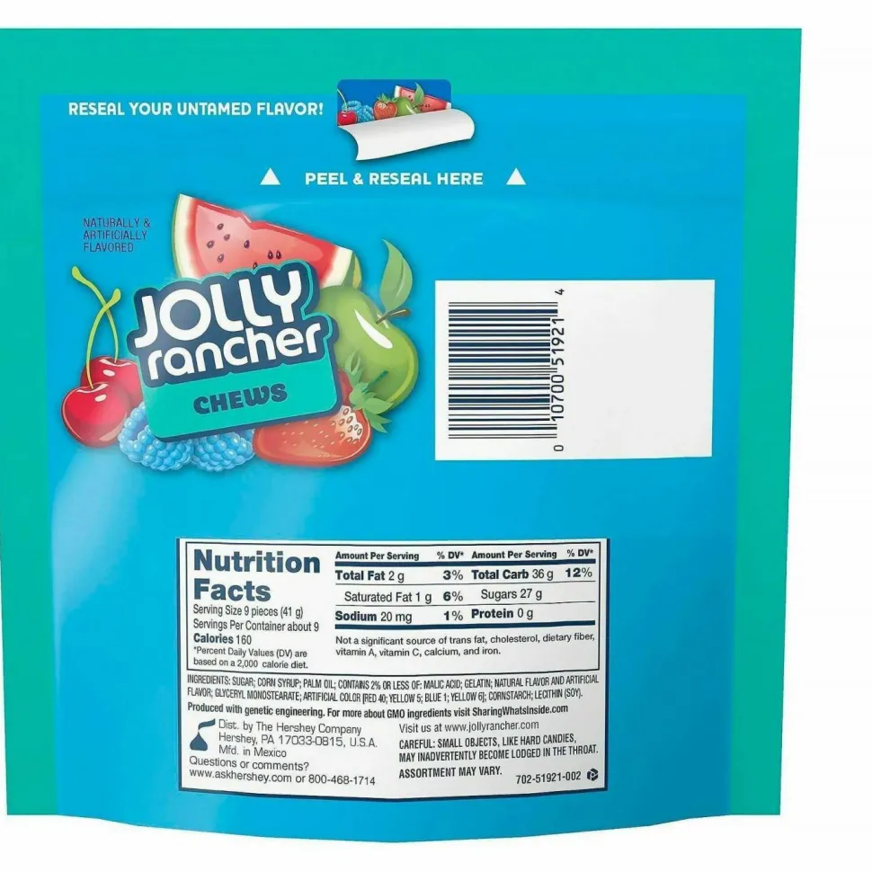 Jolly Rancher Chews Candy, Assorted Flavors, 13 oz Pouches, 4/Carton