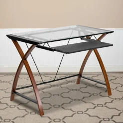 Jude Glass Computer Desk with Pull-Out Keyboard Tray and Crisscross Frame