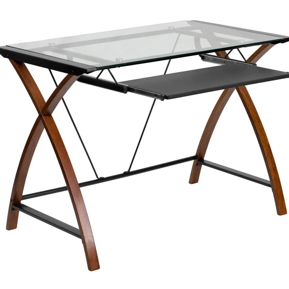 Jude Glass Computer Desk with Pull-Out Keyboard Tray and Crisscross Frame