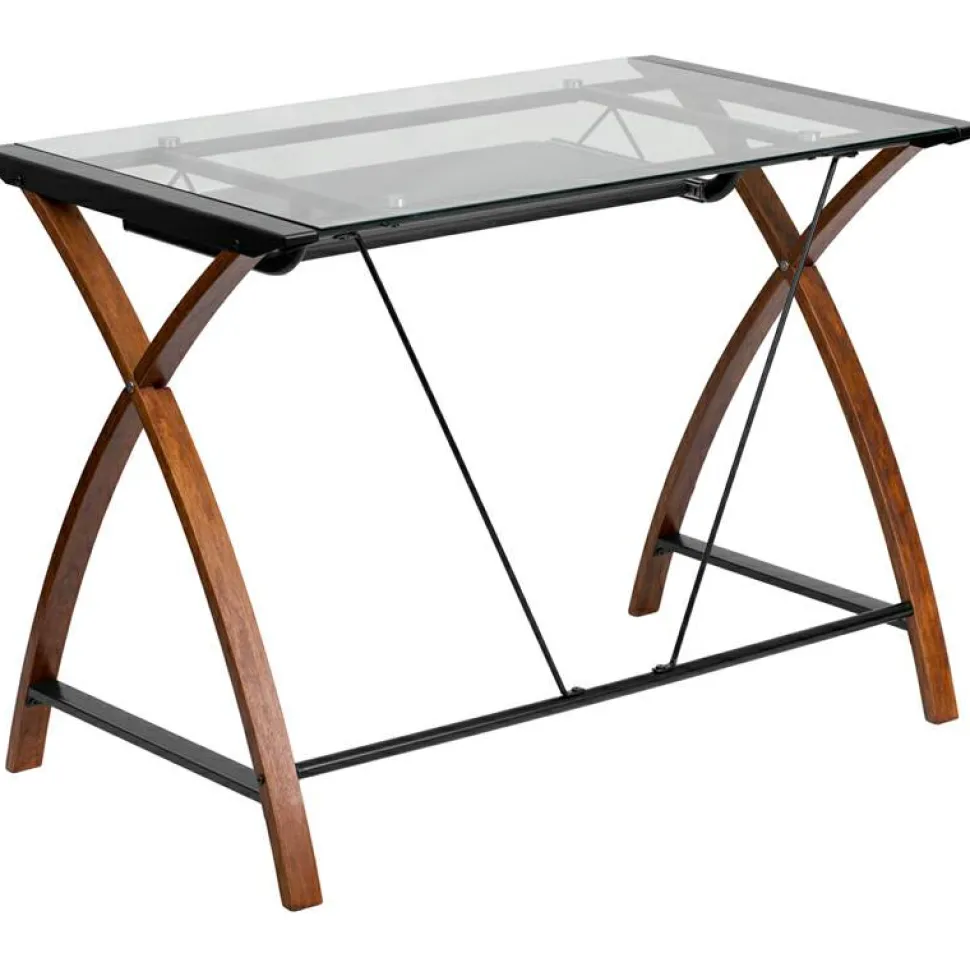 Jude Glass Computer Desk with Pull-Out Keyboard Tray and Crisscross Frame