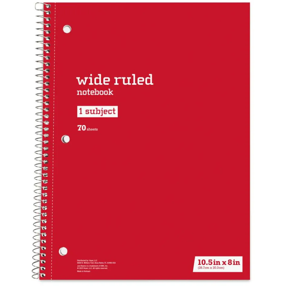Just Basics Spiral Notebook, 8" x 10-1/2", Wide Ruled, 70 Sheets, Assorted Colors, Pack Of 6 Notebooks