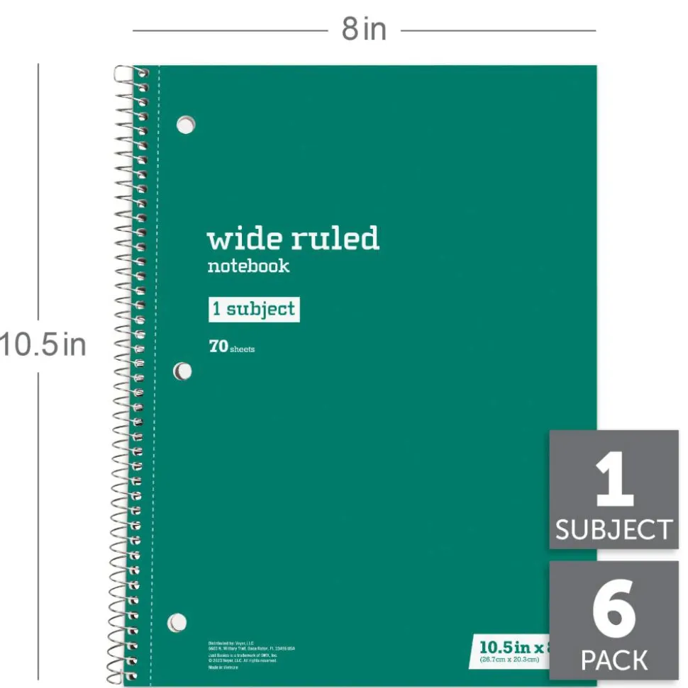 Just Basics Spiral Notebook, 8" x 10-1/2", Wide Ruled, 70 Sheets, Assorted Colors, Pack Of 6 Notebooks