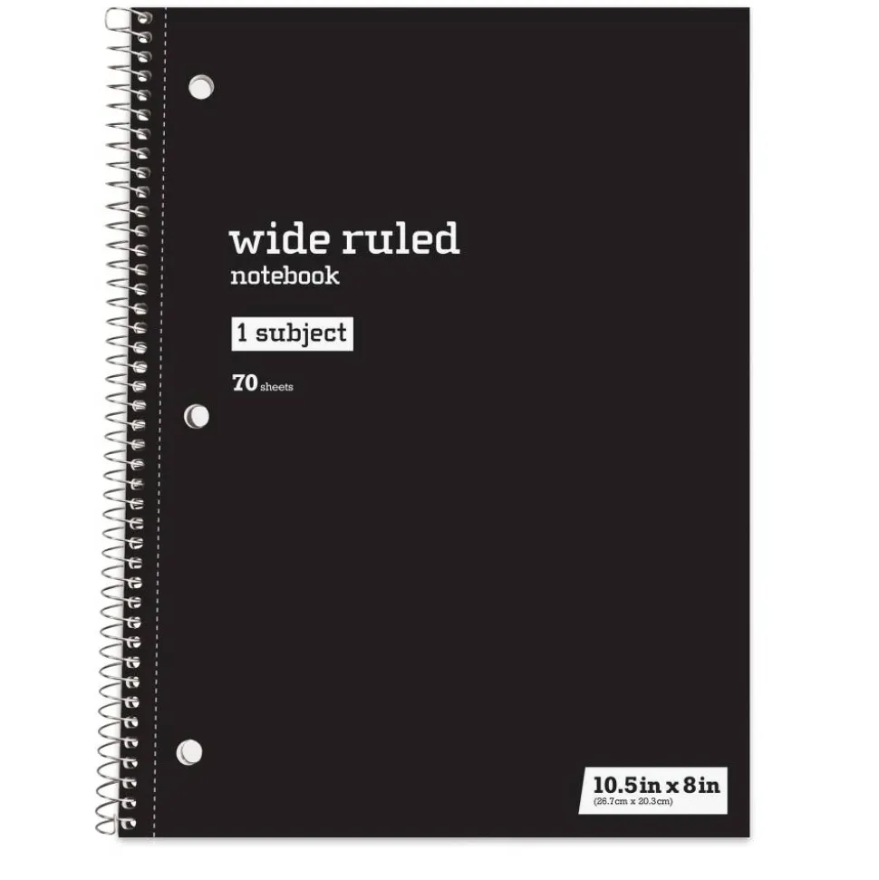 Just Basics Spiral Notebook, 8" x 10-1/2", Wide Ruled, 70 Sheets, Black