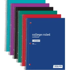 Just Basics Wirebound Notebook, 8" x 10-1/2", College Ruled, 70 Sheets, Assorted Colors, Pack Of 6