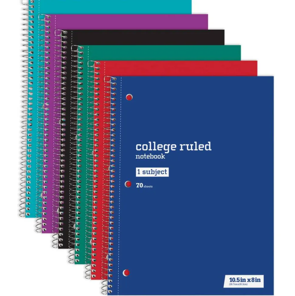 Just Basics Wirebound Notebook, 8" x 10-1/2", College Ruled, 70 Sheets, Assorted Colors, Pack Of 6