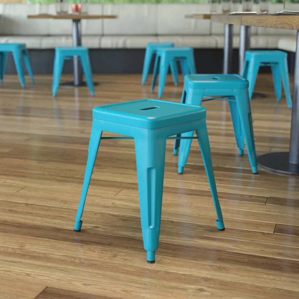 Kai 18" Table Height Stool, Stackable Backless Metal Indoor Dining Stool, Commercial Grade Restaurant Stool in Teal - Set of 4