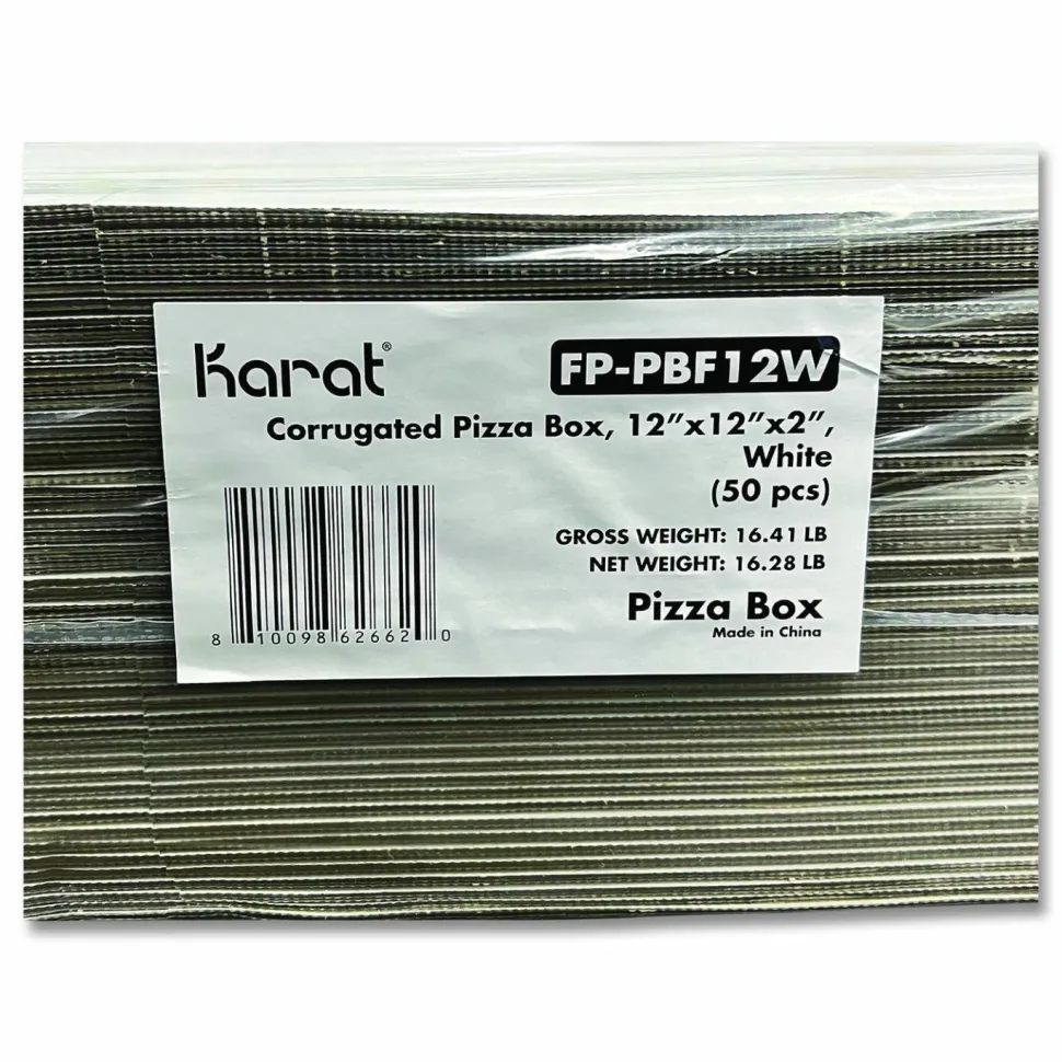 Karat Corrugated Pizza Boxes, 12 x 12 x 1.97, White/Brown, 50/Carton