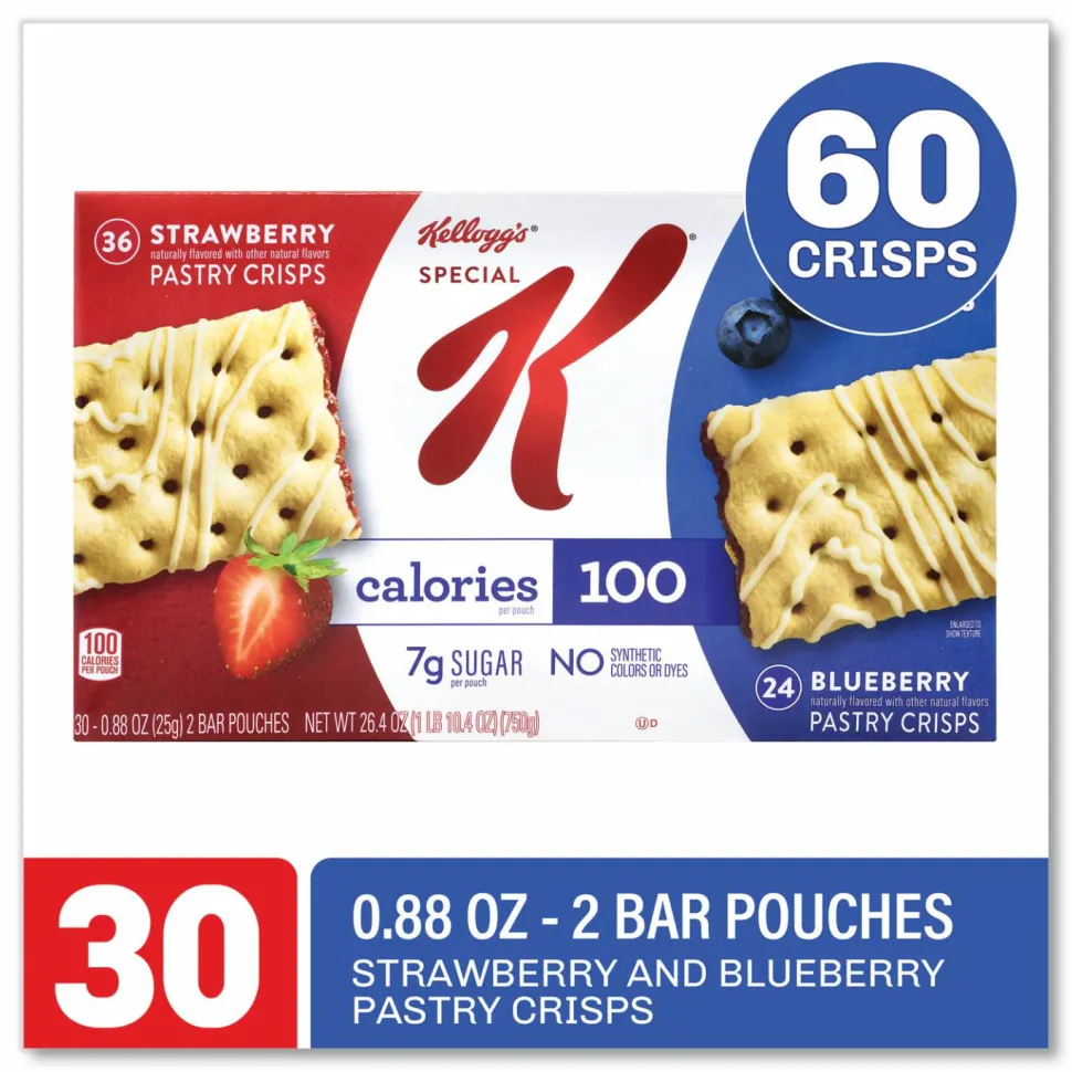 Kellogg's Special K Pastry Crisps, (36) Strawberry; (24) Blueberry, 0.88 oz, 2/Pouch, 30 Pouches/Carton