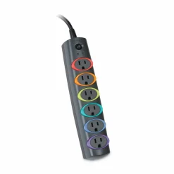 Kensington SmartSockets Color-Coded Strip Surge Protector, 6 AC Outlets, 7 ft Cord, 945 J, Black
