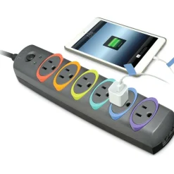 Kensington SmartSockets Color-Coded Strip Surge Protector, 6 AC Outlets, 7 ft Cord, 945 J, Black