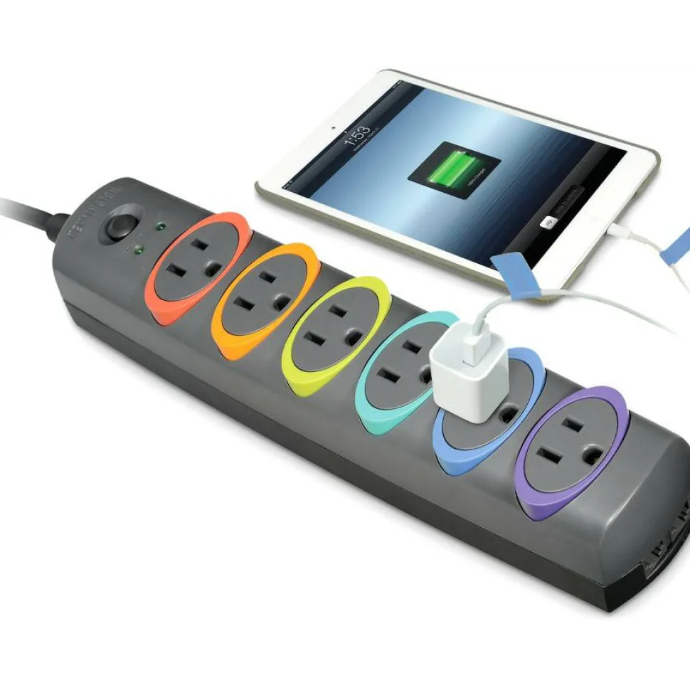 Kensington SmartSockets Color-Coded Strip Surge Protector, 6 AC Outlets, 7 ft Cord, 945 J, Black