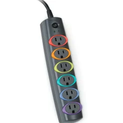 Kensington SmartSockets Color-Coded Strip Surge Protector, 6 AC Outlets, 7 ft Cord, 945 J, Black