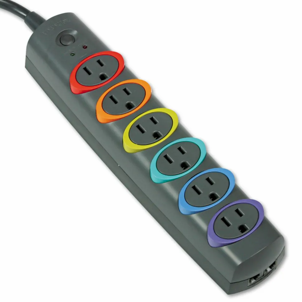 Kensington SmartSockets Color-Coded Strip Surge Protector, 6 AC Outlets, 7 ft Cord, 945 J, Black