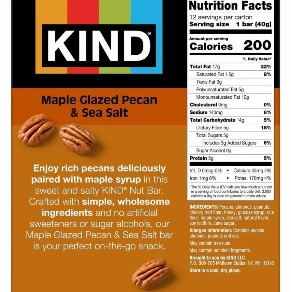 KIND Maple Glazed Pecan And Sea Salt Nut And Spice Bars, 1.4 Oz, Box Of 12