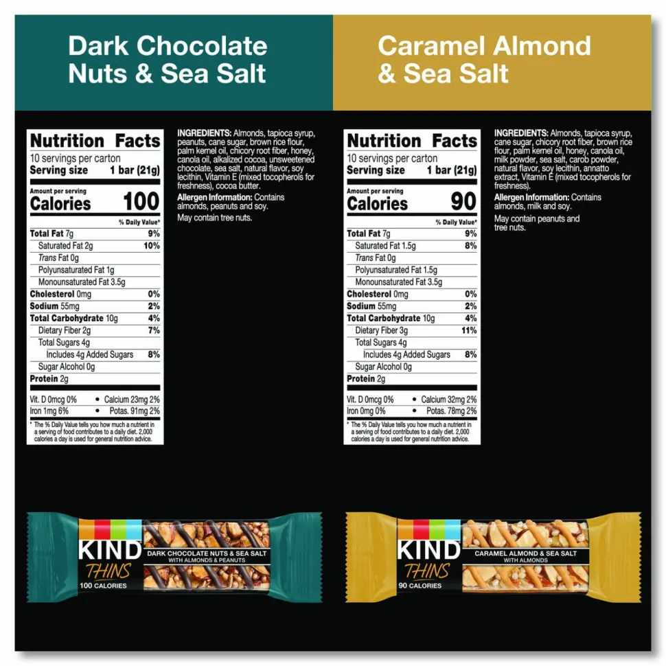 KIND Thins Dark Chocolate Nuts and Sea Salt/Caramel Almond and Sea Salt Variety Pack, 0.74 oz Bar, 20/Box