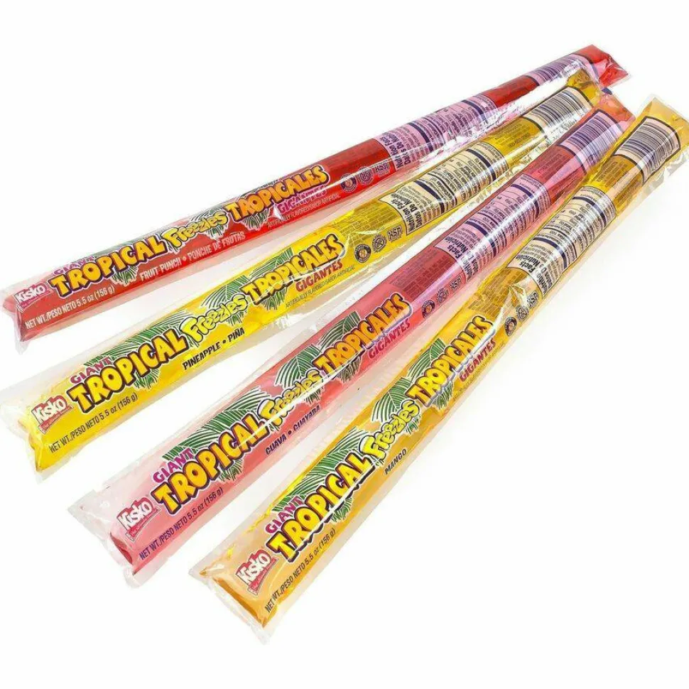 Kisko Giant Tropical Freezies Ice Pops, Fruit Punch, Guava, Mango, Pineapple, 5.5 oz Tube, 50/Carton