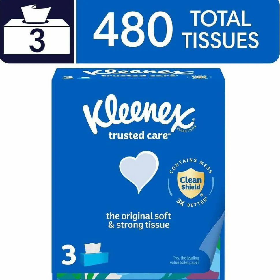 Kleenex Trusted Care 2-Ply Tissues, 8-7/16" x 8-1/2", White, 160 Tissues Per Box, Pack Of 3 Boxes