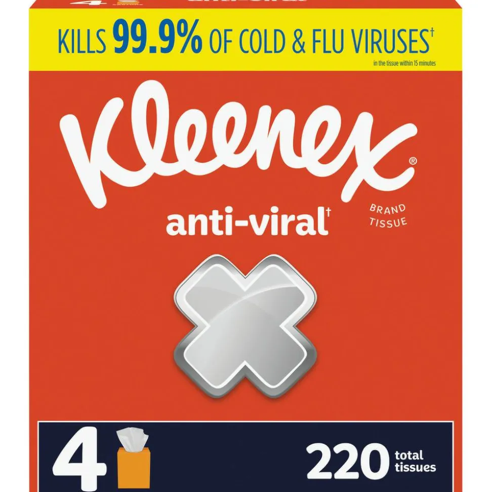 Kleenex Anti-Viral 3-Ply Facial Tissues, White, 55 Tissues Per Box, Pack Of 4 Boxes
