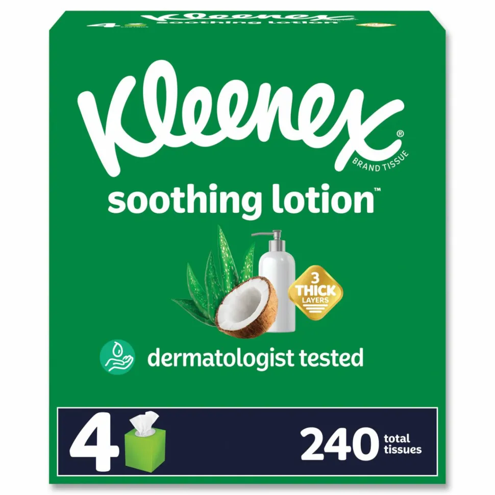 Kleenex Lotion Facial Tissue, 3-Ply, White, 60 Sheets/Box, 4 Boxes/Pack, 8 Packs/Carton