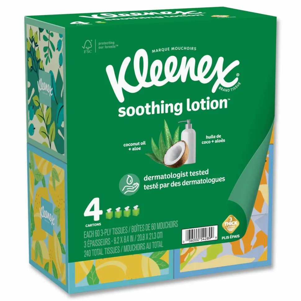 Kleenex Lotion Facial Tissue, 3-Ply, White, 60 Sheets/Box, 4 Boxes/Pack, 8 Packs/Carton