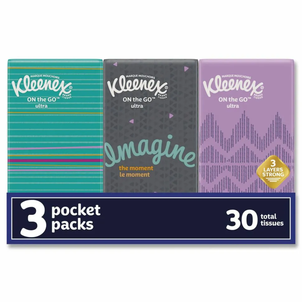 Kleenex On The Go Packs Facial Tissues, 3-Ply, White, 10 Sheets/Pouch, 3 Pouches/Pack, 36 Packs/Carton