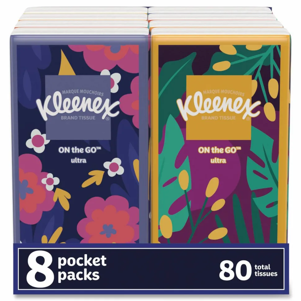 Kleenex On The Go Packs Facial Tissues, 3-Ply, White, 10 Sheets/Pouch, 8 Pouches/Pack