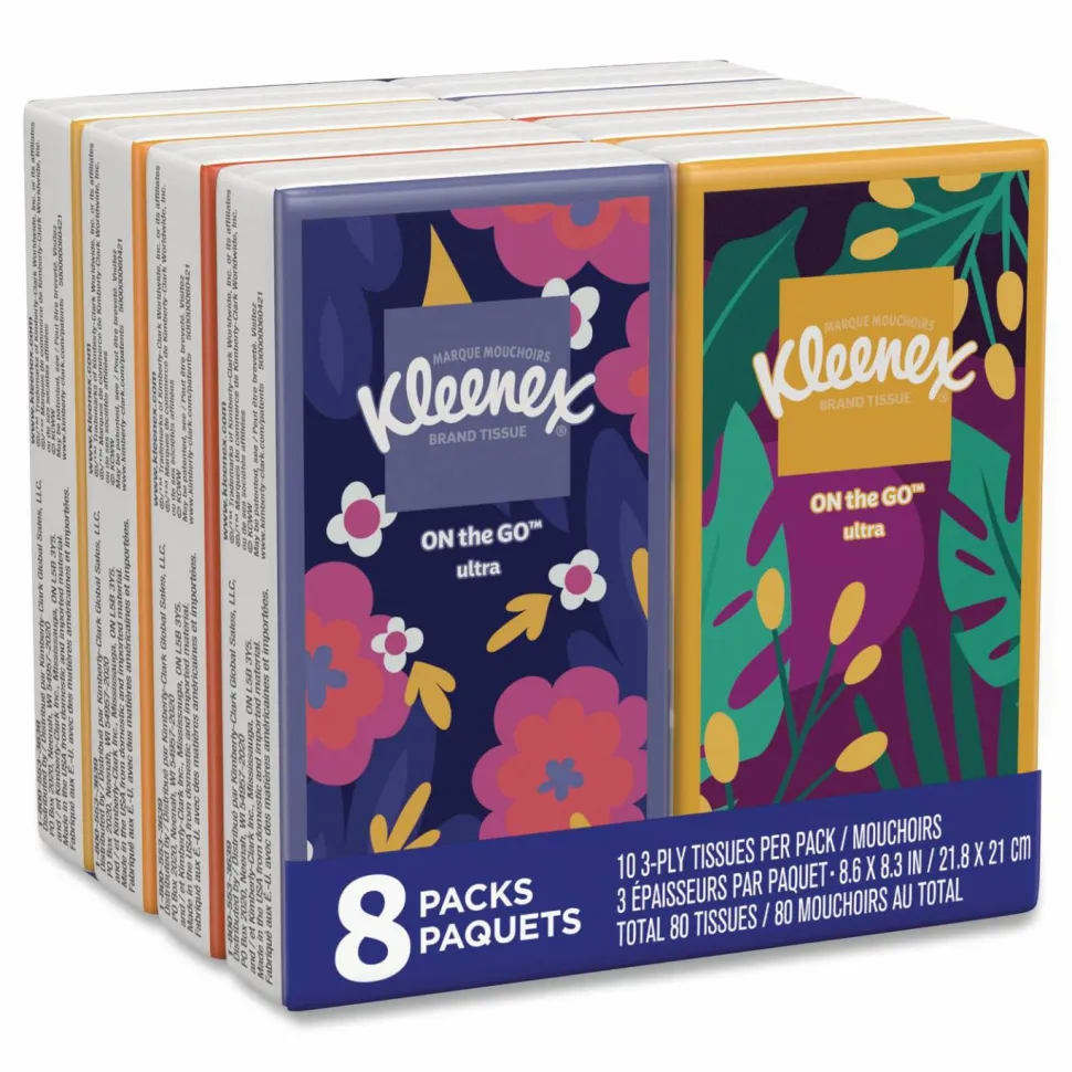 Kleenex On The Go Packs Facial Tissues, 3-Ply, White, 10 Sheets/Pouch, 8 Pouches/Pack