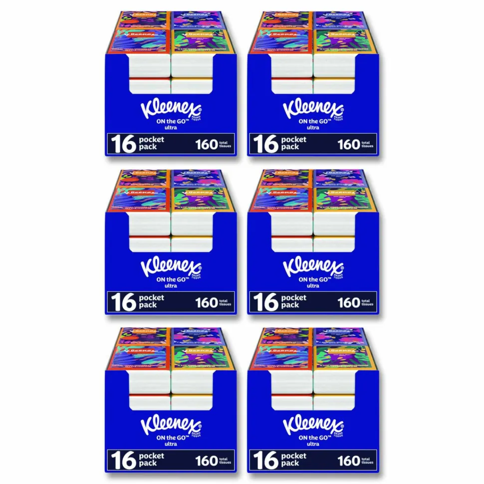 Kleenex On The Go Packs Facial Tissues, 3-Ply, White, 10 Sheets/Pouch, 16 Pouches/Pack, 6 Packs/Carton