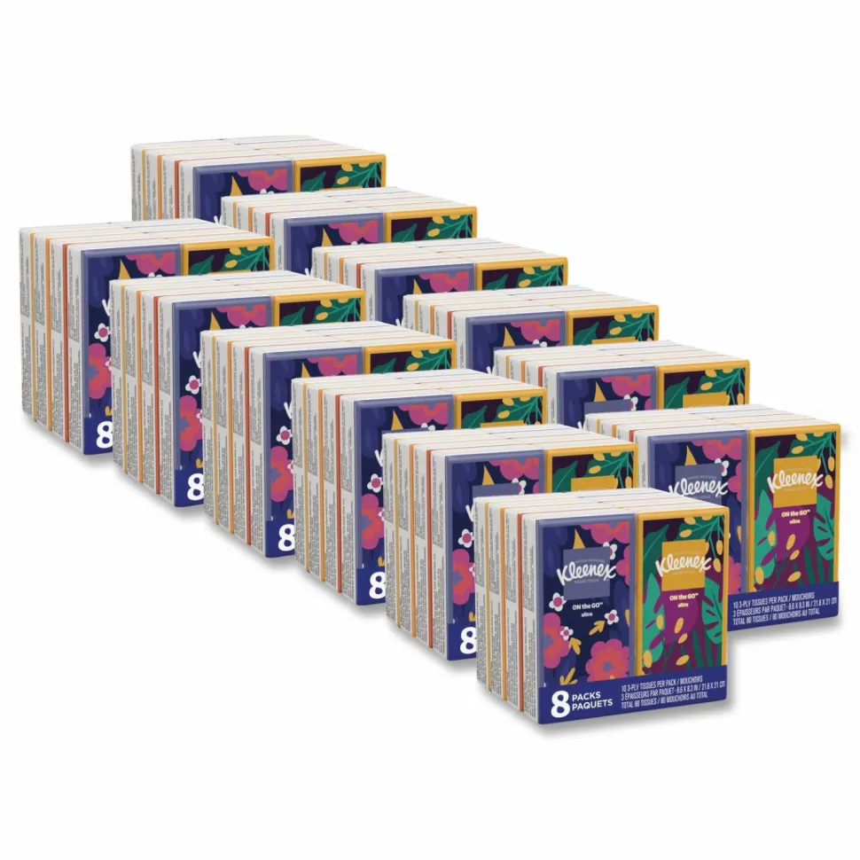 Kleenex On The Go Packs Facial Tissues, 3-Ply, White, 10 Sheets/Pouch, 8 Pouches/Pack, 12 Packs/Carton