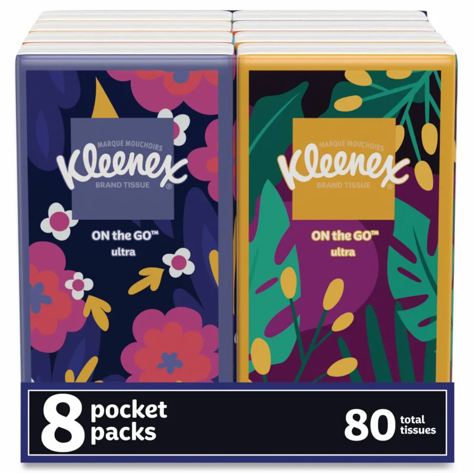 Kleenex On The Go Packs Facial Tissues, 3-Ply, White, 10 Sheets/Pouch, 8 Pouches/Pack, 12 Packs/Carton