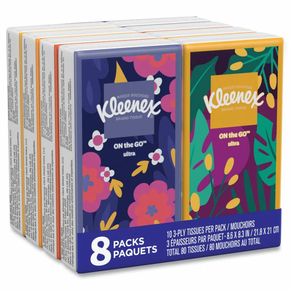 Kleenex On The Go Packs Facial Tissues, 3-Ply, White, 10 Sheets/Pouch, 8 Pouches/Pack, 12 Packs/Carton