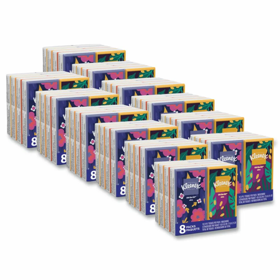 Kleenex On The Go Packs Facial Tissues, 3-Ply, White, 10 Sheets/Pouch, 8 Pouches/Pack, 12 Packs/Carton