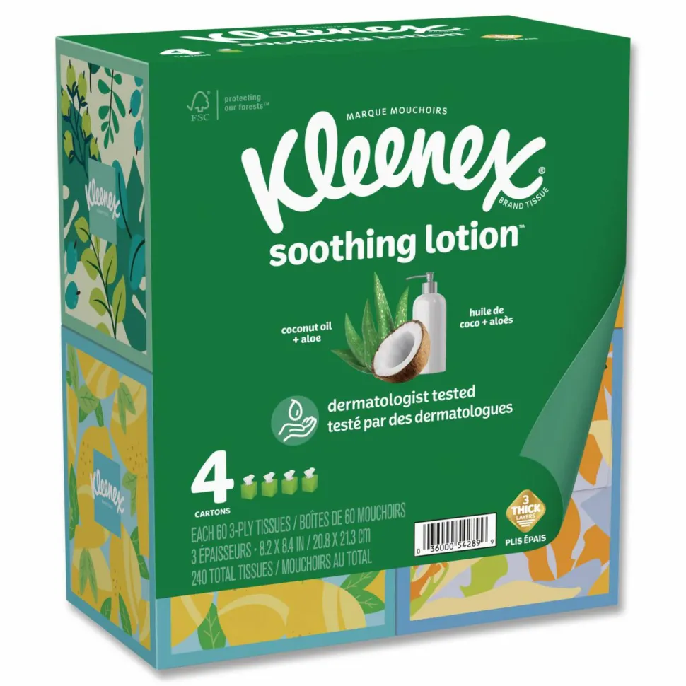 Kleenex Soothing Lotion Facial Tissue, 3-Ply, White, 60 Sheets/Box, 4 Boxes/Pack, 8 Packs/Carton