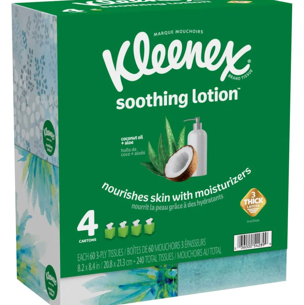 Kleenex Soothing Lotion 3-Ply Tissues, White, 60 Tissues Per Box, Case Of 4 Boxes
