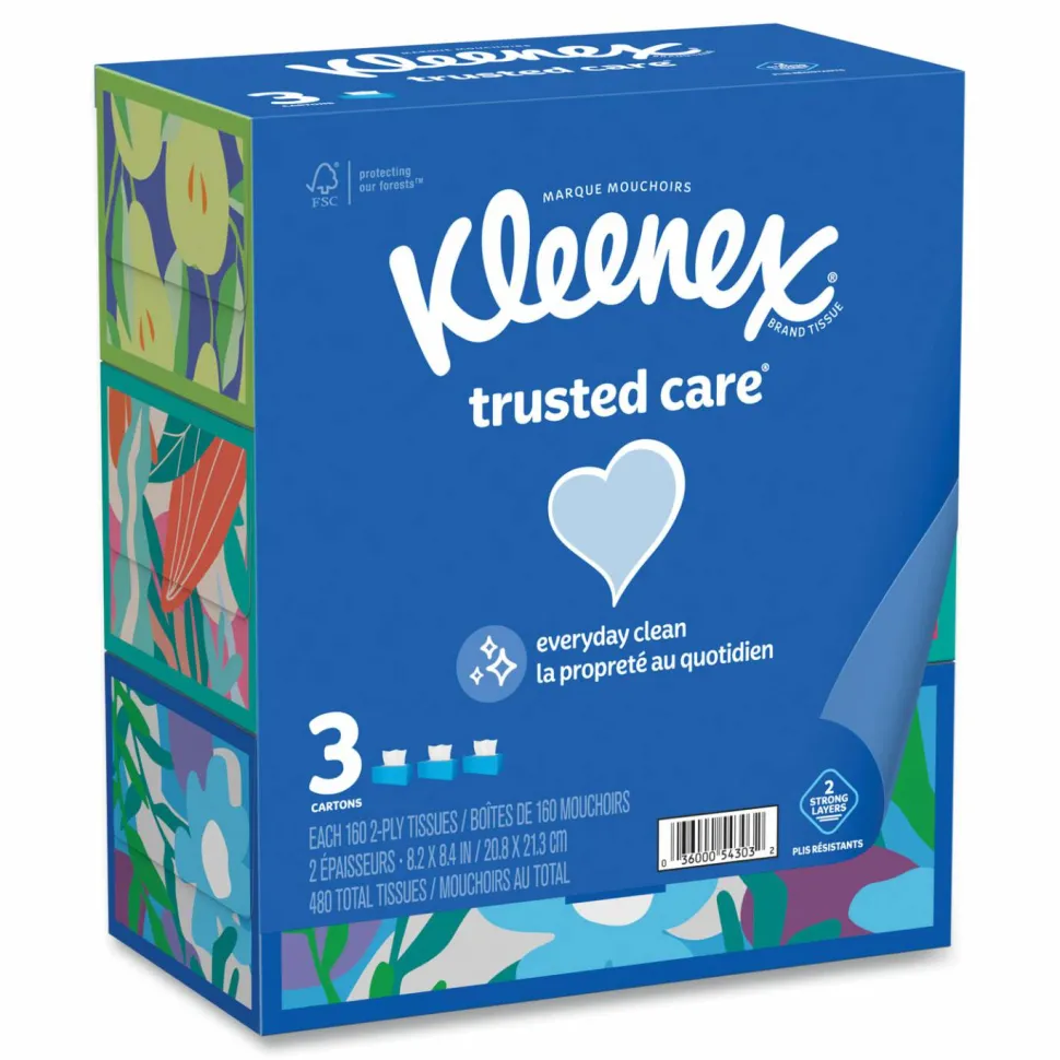 Kleenex Trusted Care Facial Tissue, 2-Ply, White, 160 Sheets/Box, 3 Boxes/Pack, 12 Packs/Carton