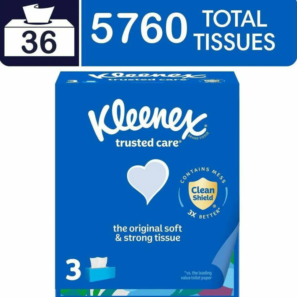 Kleenex Trusted Care Facial Tissue, 2-Ply, White, 160 Sheets/Box, 3 Boxes/Pack, 12 Packs/Carton