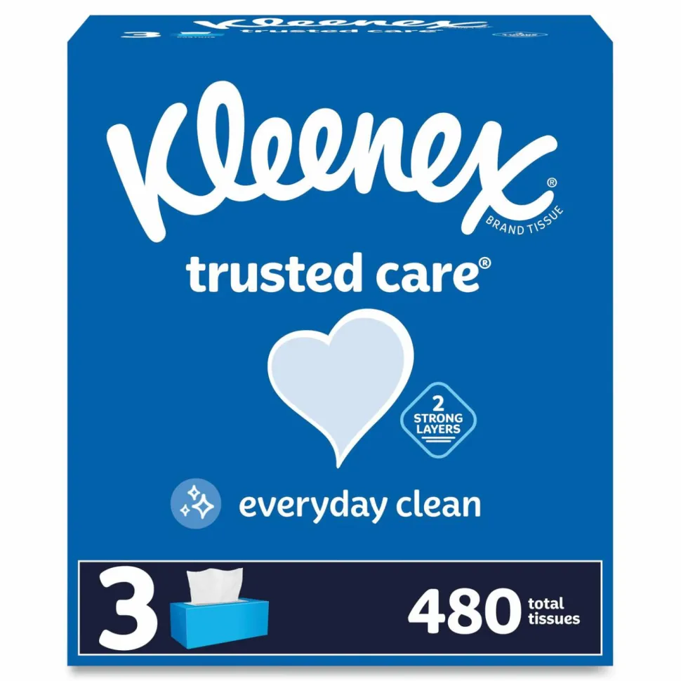 Kleenex Trusted Care Facial Tissue, 2-Ply, White, 160 Sheets/Box, 3 Boxes/Pack, 12 Packs/Carton