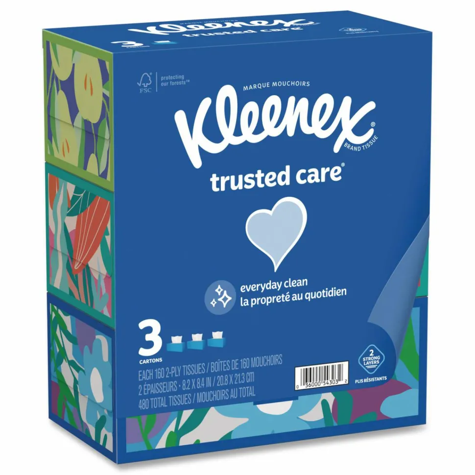 Kleenex Trusted Care Facial Tissue, 2-Ply, White, 160 Sheets/Box, 3 Boxes/Pack, 12 Packs/Carton