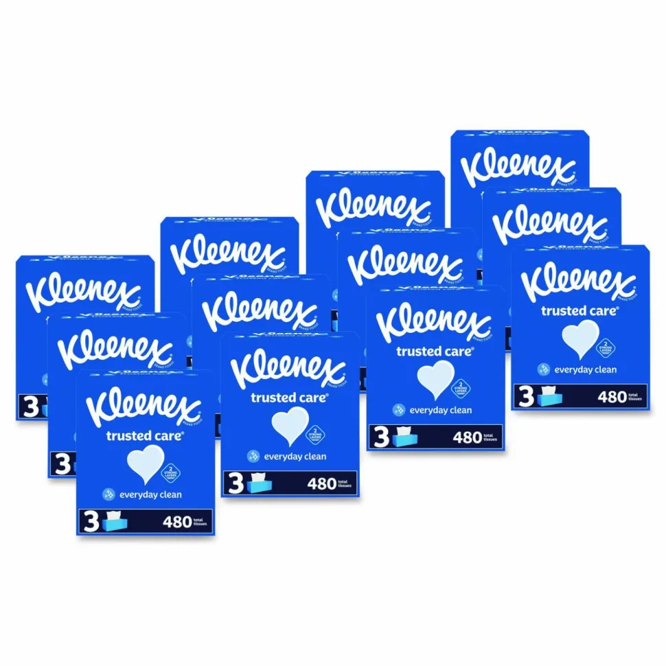 Kleenex Trusted Care Facial Tissue, 2-Ply, White, 160 Sheets/Box, 3 Boxes/Pack, 12 Packs/Carton