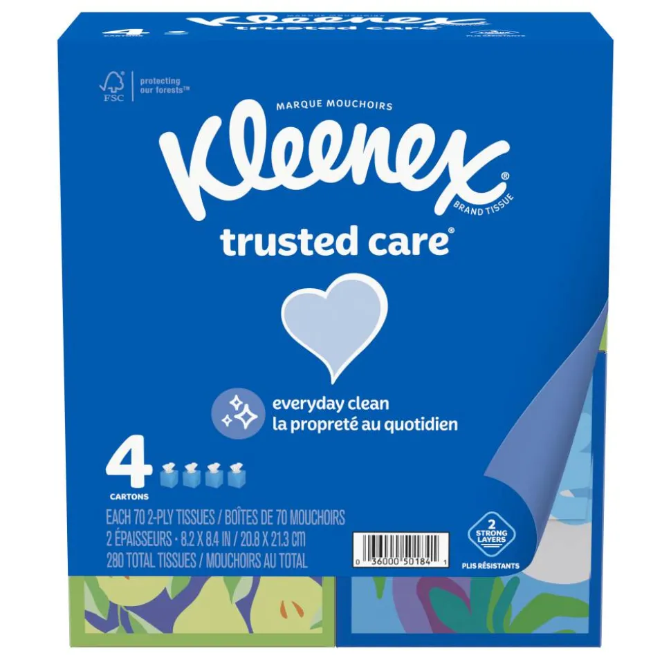 Kleenex Trusted Care 2-Ply Facial Tissues, White, 70 Tissues Per Box, Pack Of 4