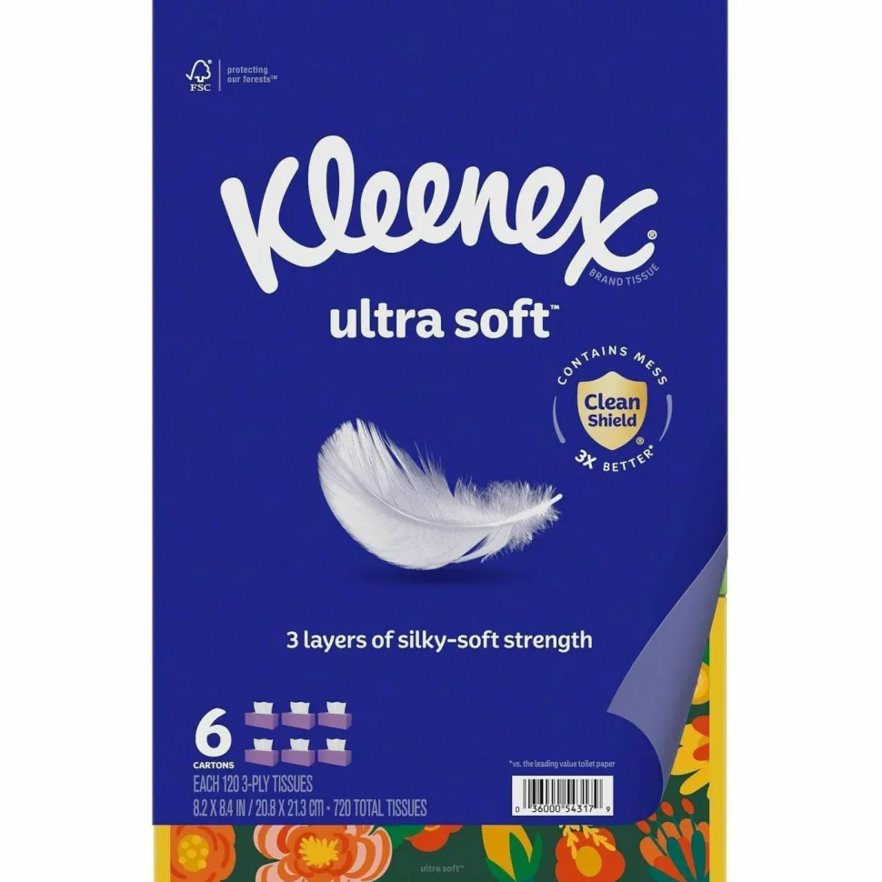 Kleenex Ultra Soft Facial Tissue, 3-Ply, White, 120/Box, 6 Boxes/Pack, 4 Packs/Carton