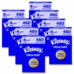 Kleenex Ultra Soft Facial Tissue, 3-Ply, White, 120 Sheets/Box, 4 Boxes/Pack, 8 Packs/Carton