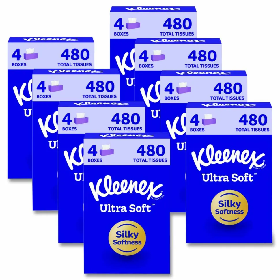 Kleenex Ultra Soft Facial Tissue, 3-Ply, White, 120 Sheets/Box, 4 Boxes/Pack, 8 Packs/Carton