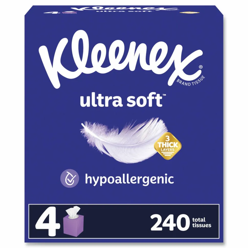 Kleenex Ultra Soft Facial Tissue, 3-Ply, White, 60 Sheets/Box, 4 Boxes/Pack, 3 Packs/Carton