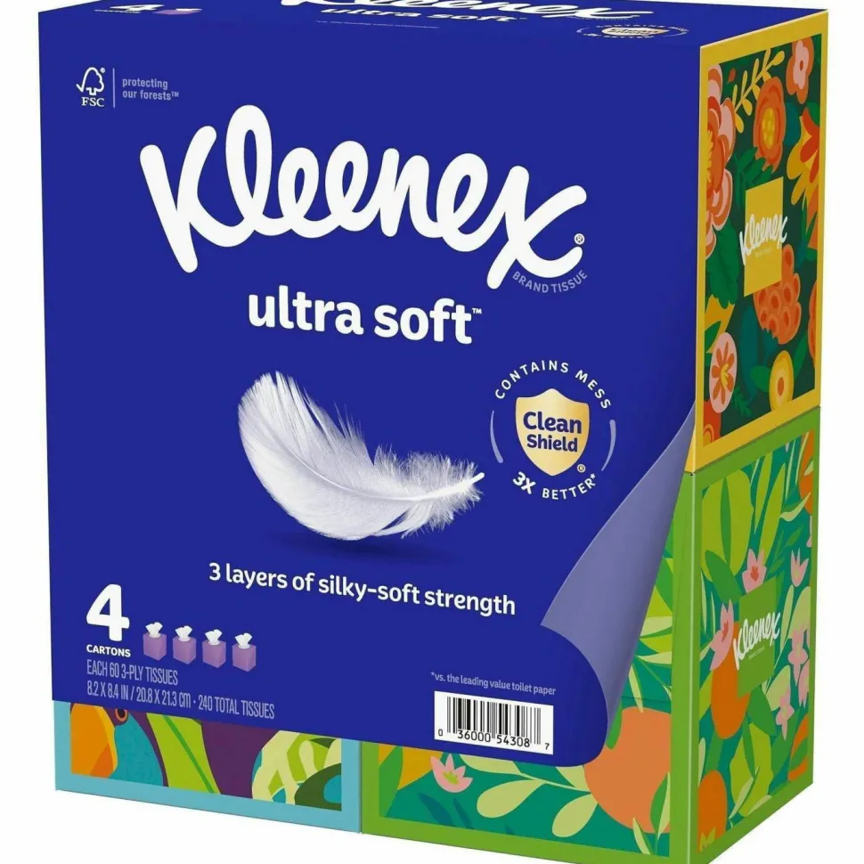 Kleenex Ultra Soft 3-Ply Unscented Tissues, 8-1/4" x 8-7/16", 65 Per Box, Pack Of 4 Boxes