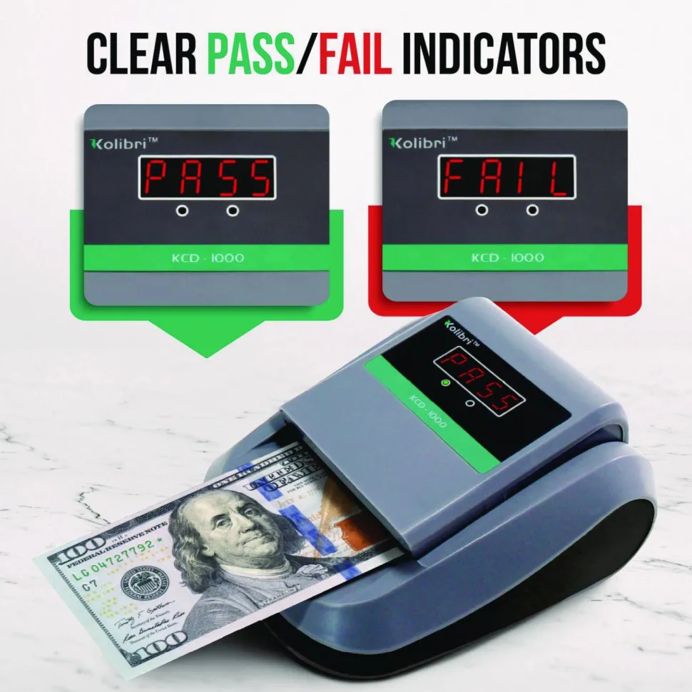 Kolibri KCD-1000 Counterfeit Detector for USD, 10 Detection Methods, 5.1" x 6.3" x 3.6", Gray